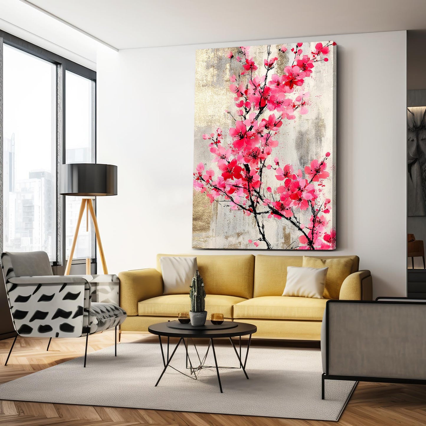 Vintage Plum Branch Cherry Blossom Canvas – styled in a furnished interior