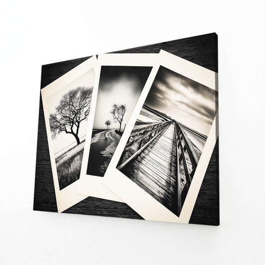 Vintage Postcard Triptych Photography Wall Art – angled canvas view on white background