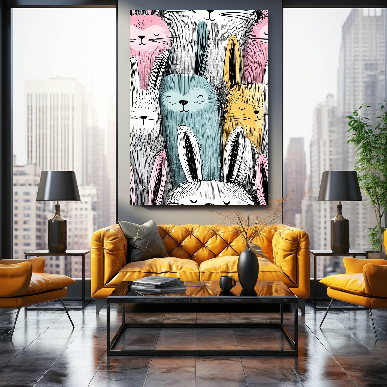 Vintage Rabbit Art – angled canvas view on white background