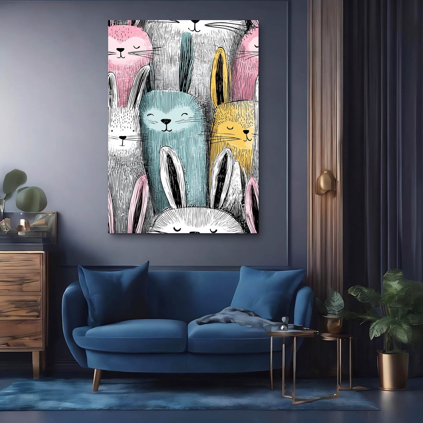 Vintage Rabbit Art – angled canvas view on white background