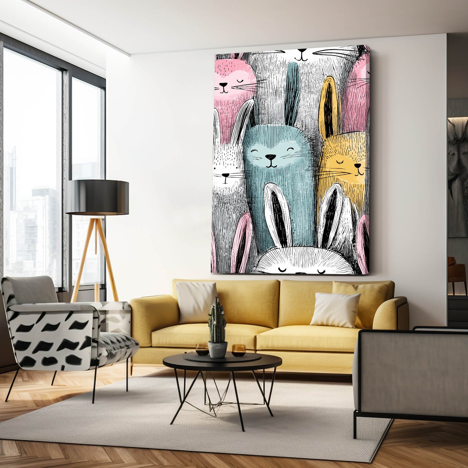 Vintage Rabbit Art – angled canvas view on white background