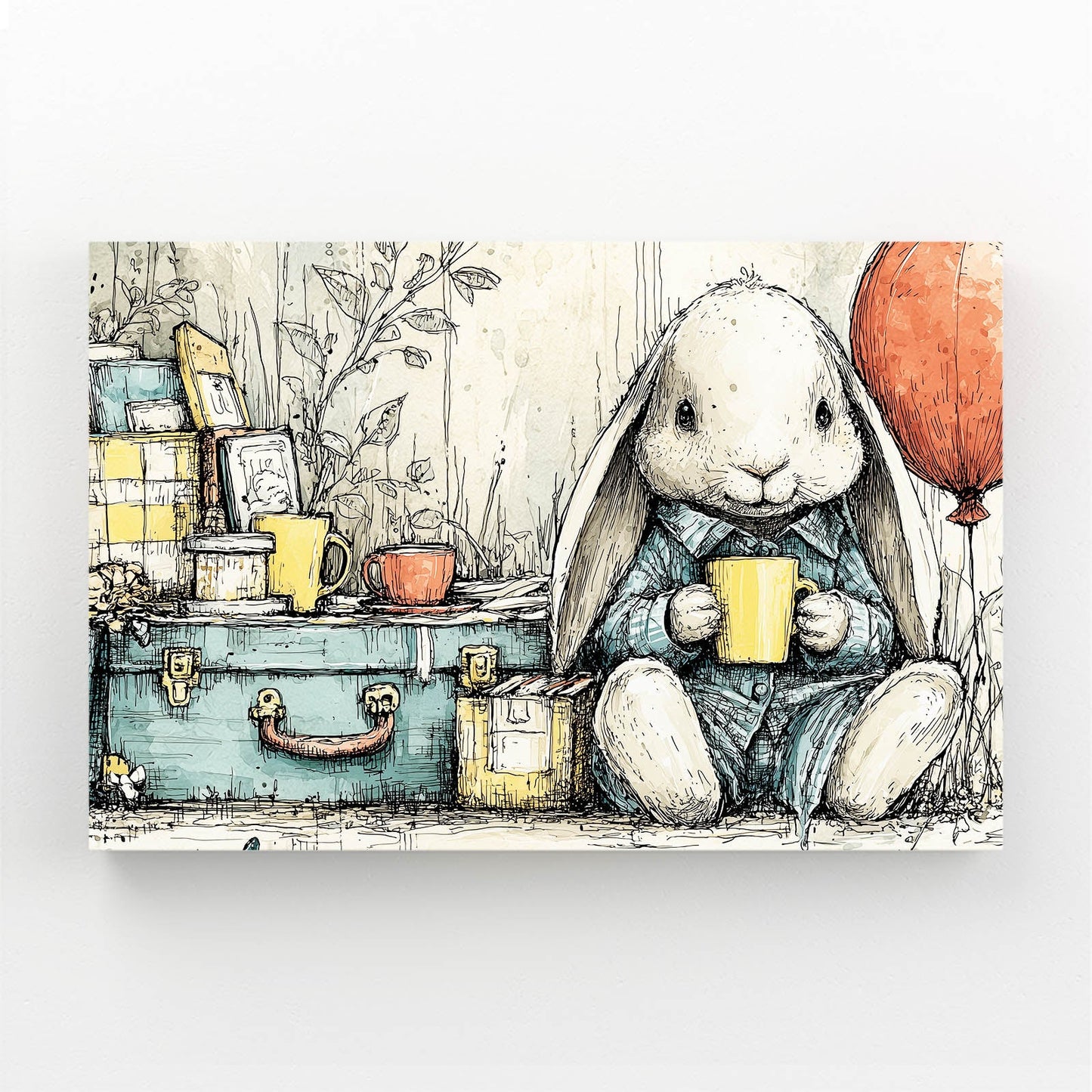 Vintage Rabbit Wall Art – angled canvas view on white background