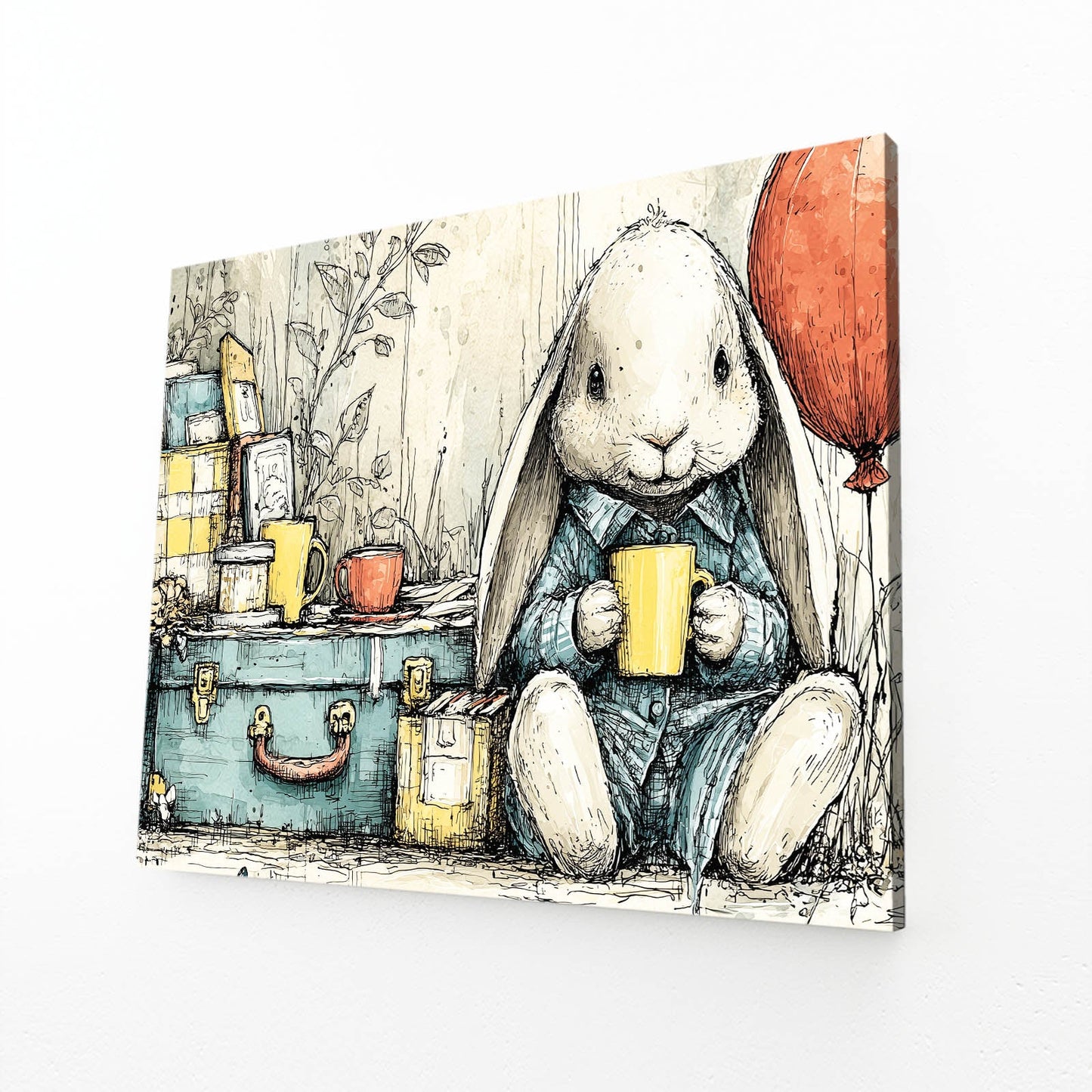 Vintage Rabbit Wall Art – angled canvas view on white background