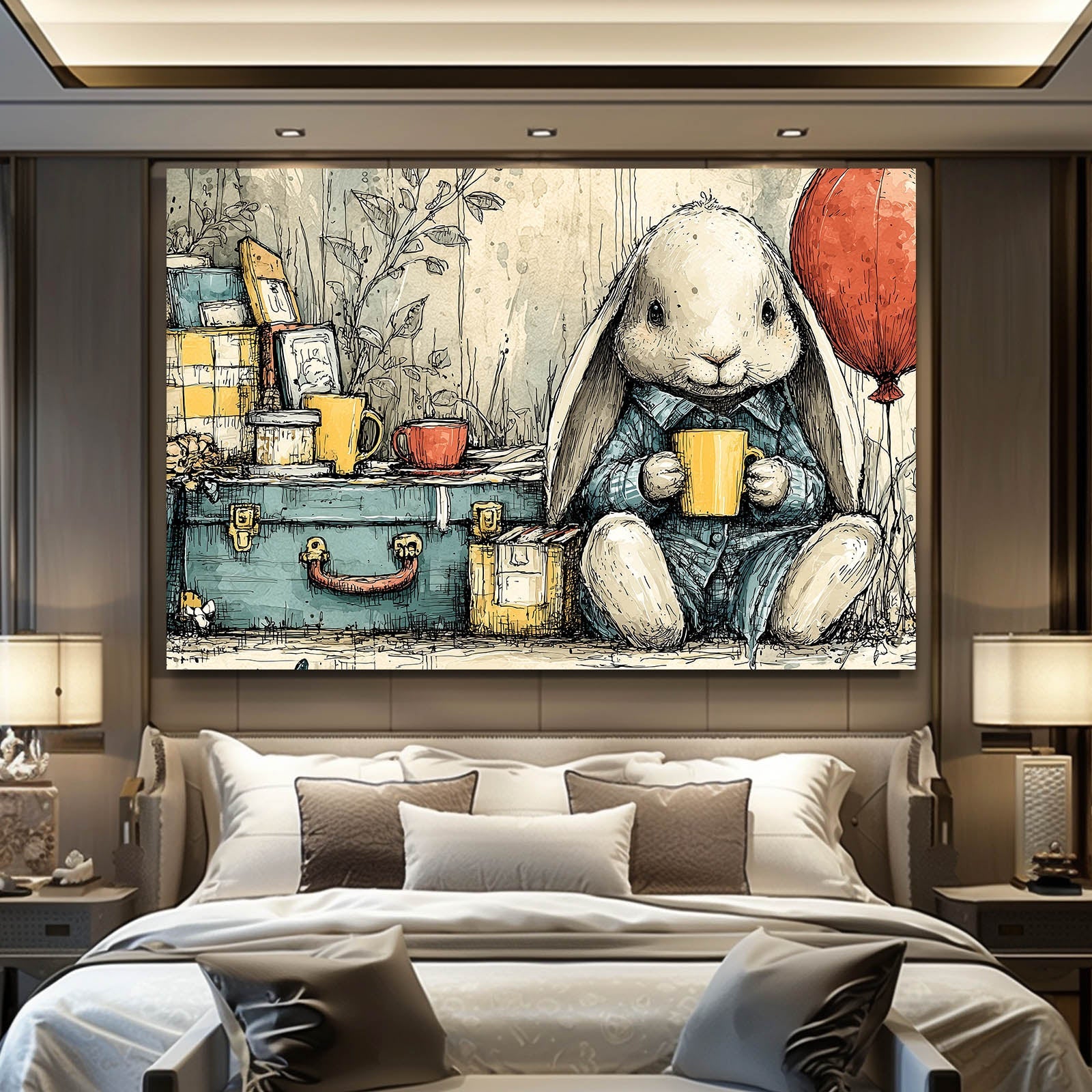 Vintage Rabbit Wall Art – angled canvas view on white background