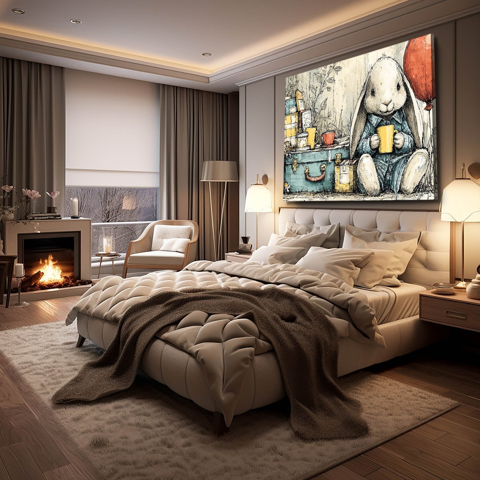 Vintage Rabbit Wall Art – angled canvas view on white background