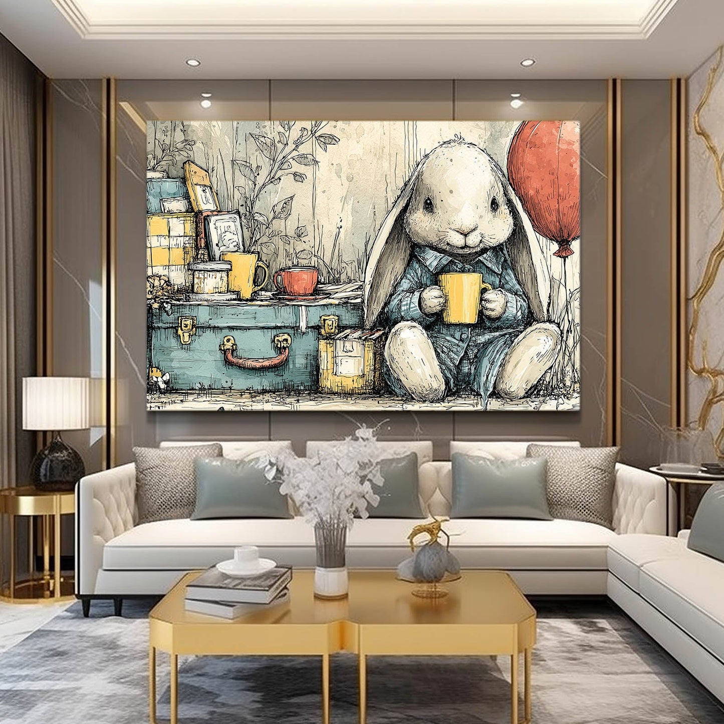 Vintage Rabbit Wall Art – angled canvas view on white background