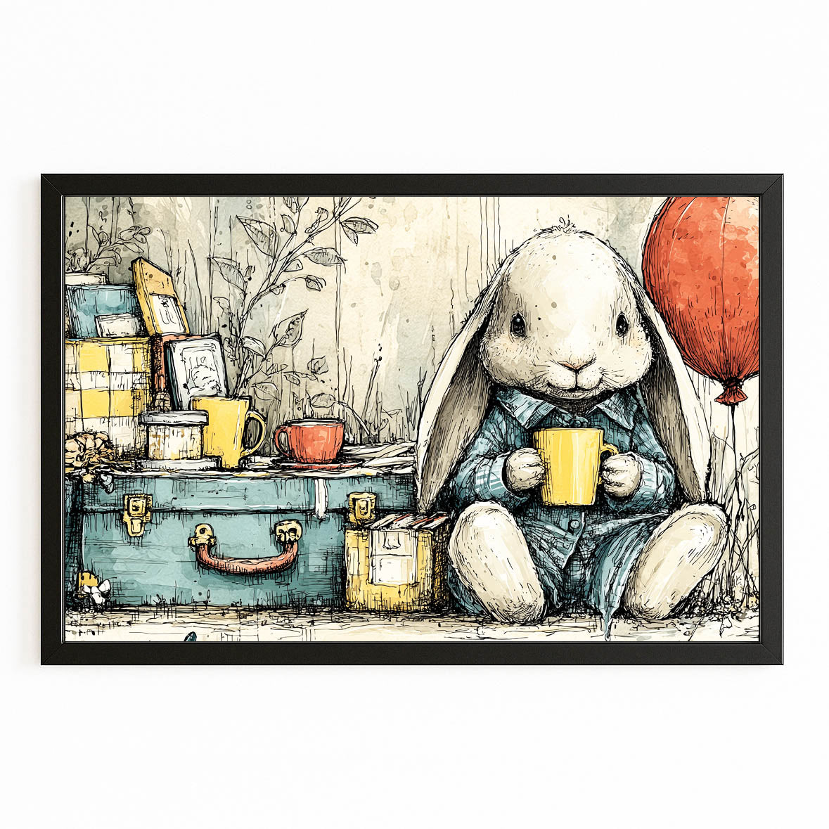 Vintage Rabbit Wall Art – with Premium Black frame on white background
