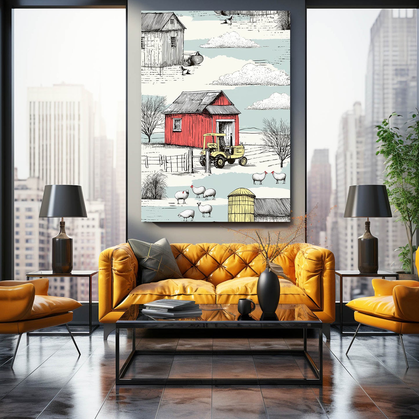 Vintage Red Tractor Farm Farmhouse Prints – styled in a furnished interior