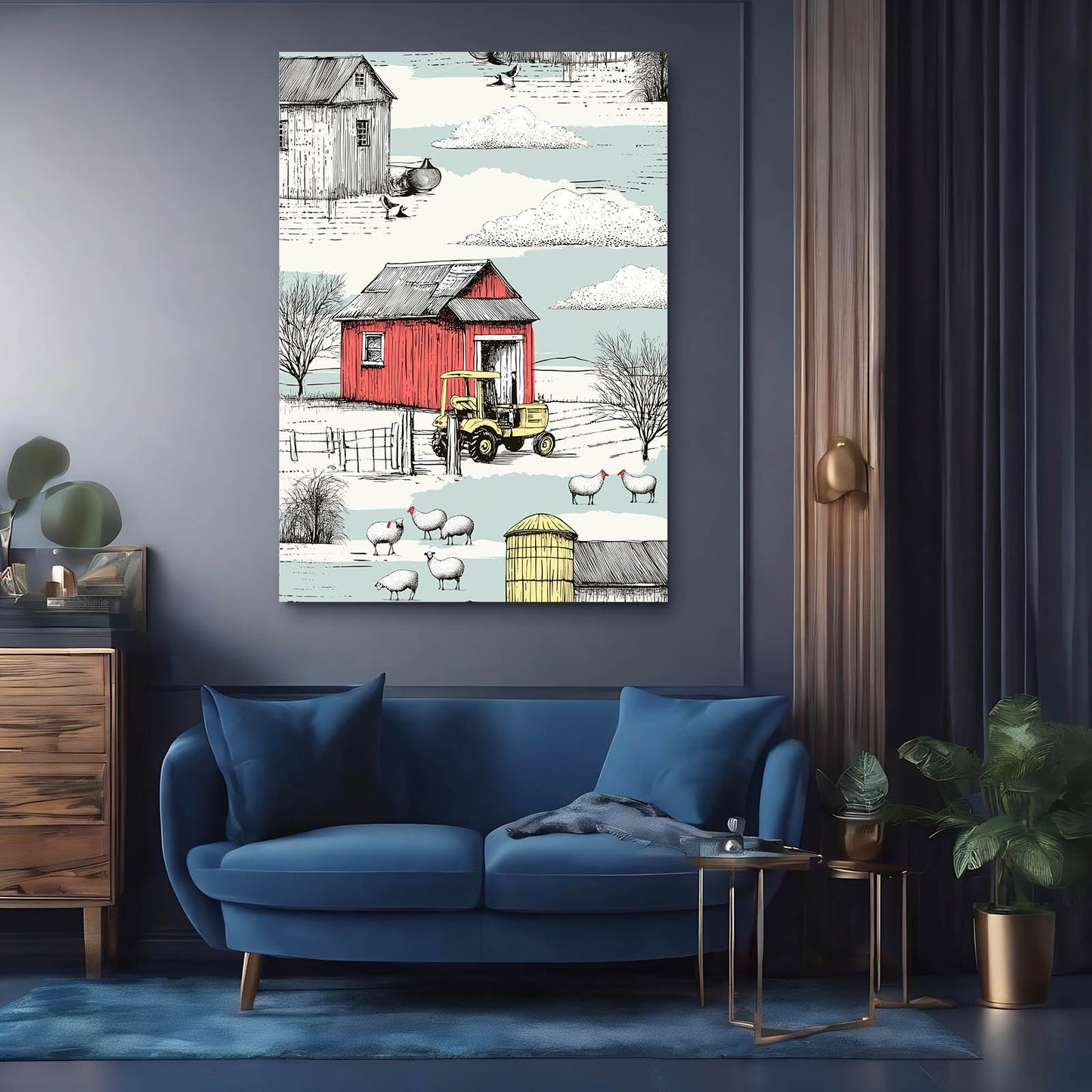 Vintage Red Tractor Farm Farmhouse Prints – styled in a furnished interior