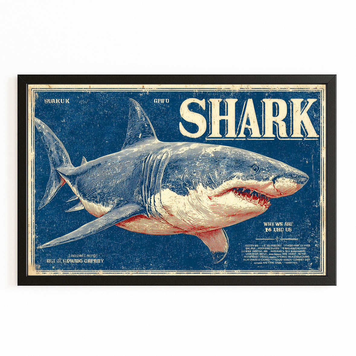 Vintage Shark Poster Shark Canvas – with Premium Black frame on white background