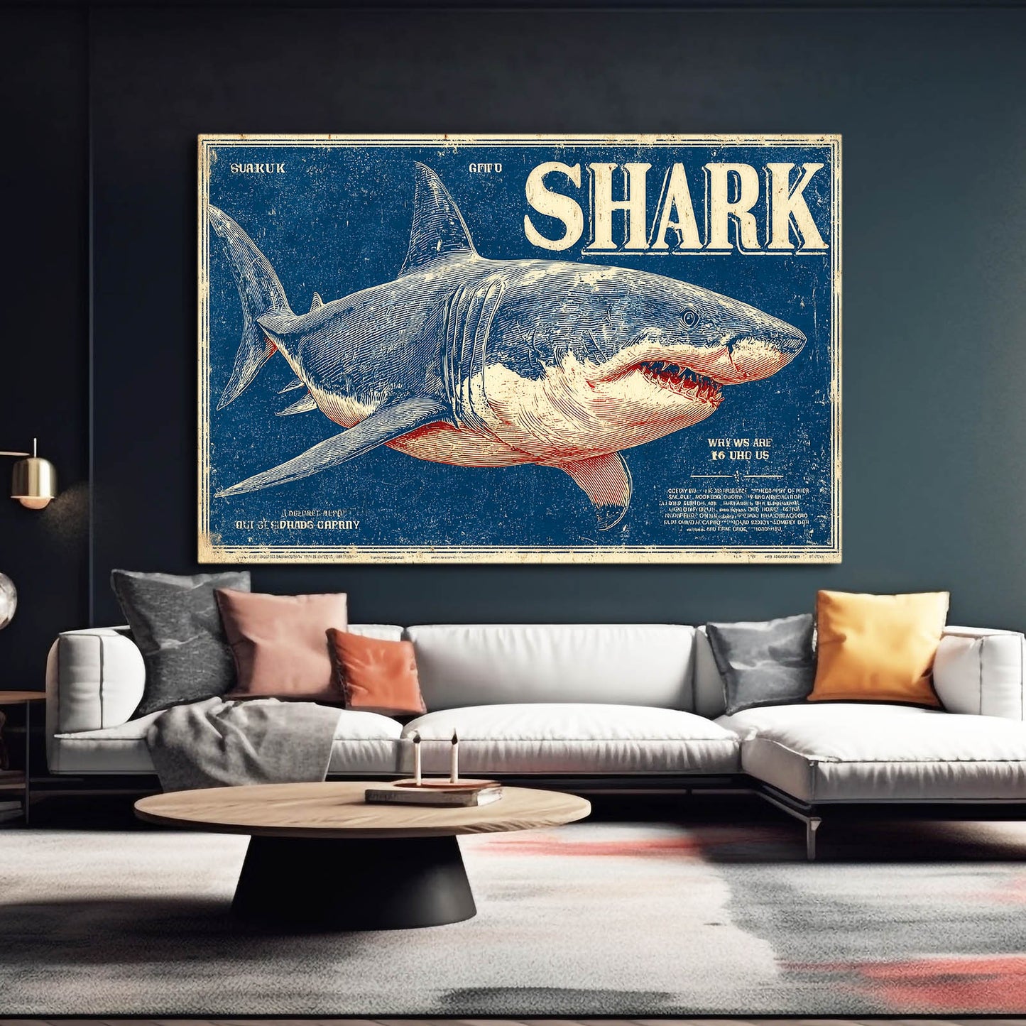 Vintage Shark Poster Shark Canvas – styled in a furnished interior