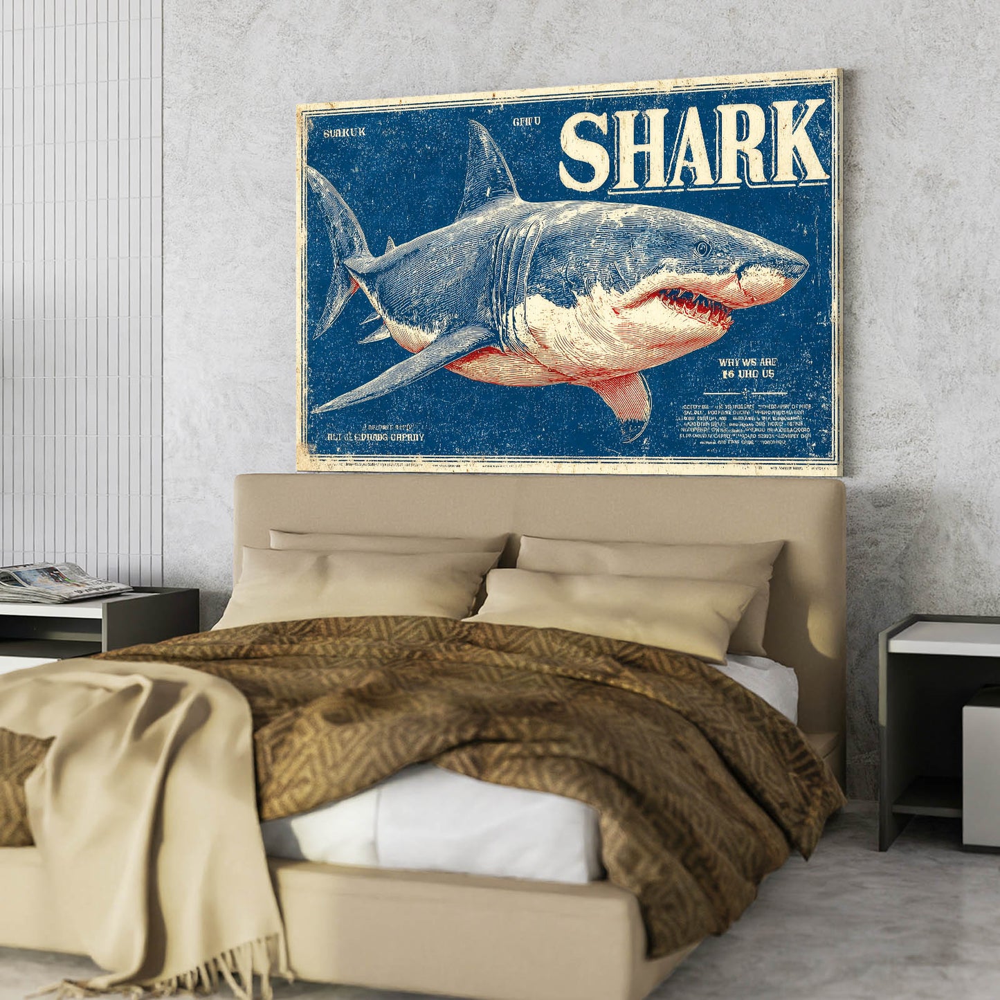Vintage Shark Poster Shark Canvas – styled in a furnished interior