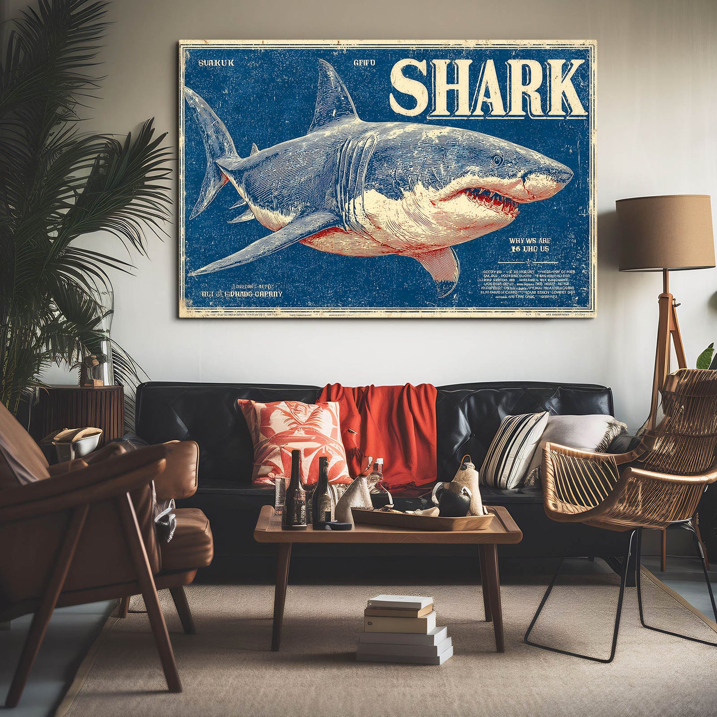 Vintage Shark Poster Shark Canvas – styled in a furnished interior
