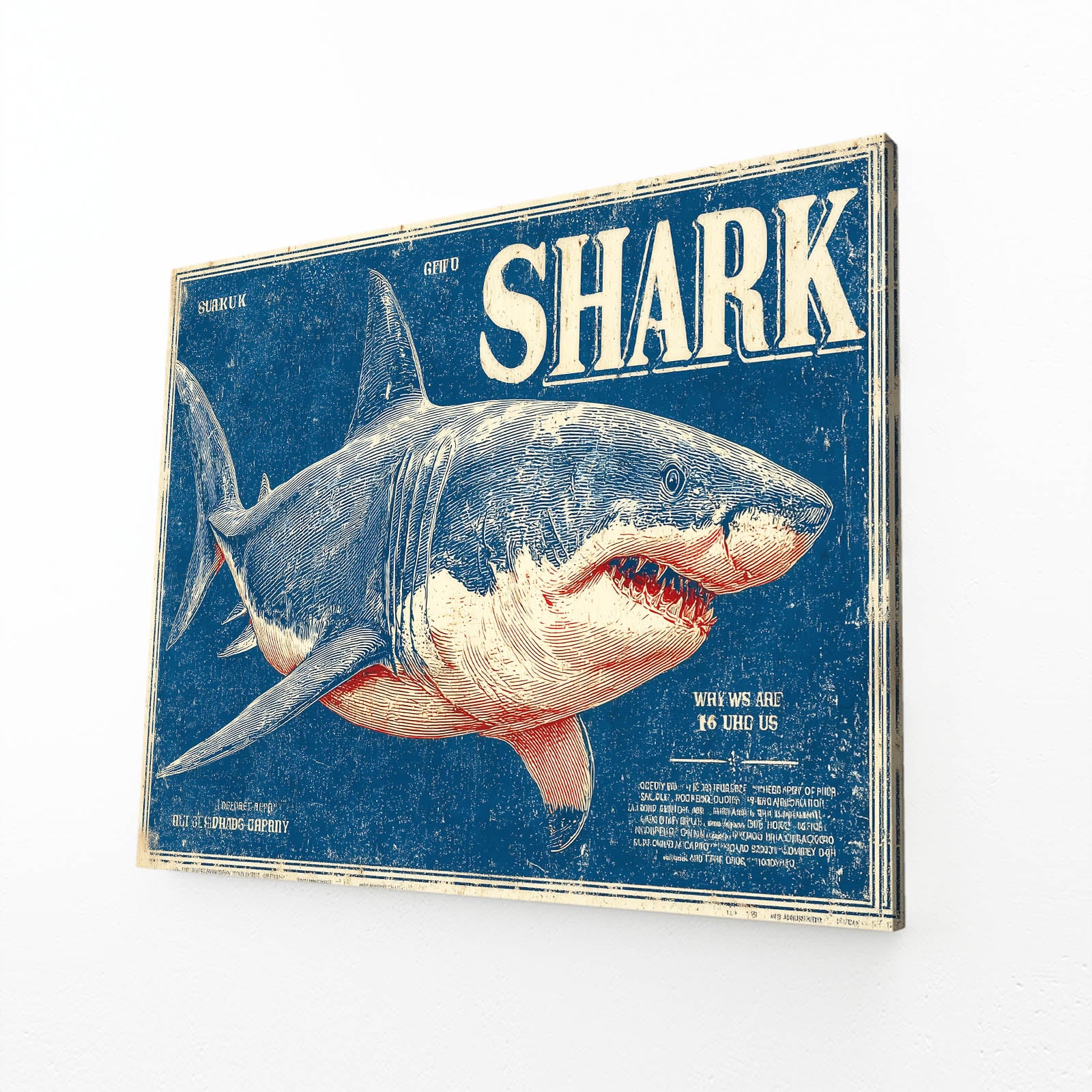 Vintage Shark Poster Shark Canvas – angled canvas view on white background