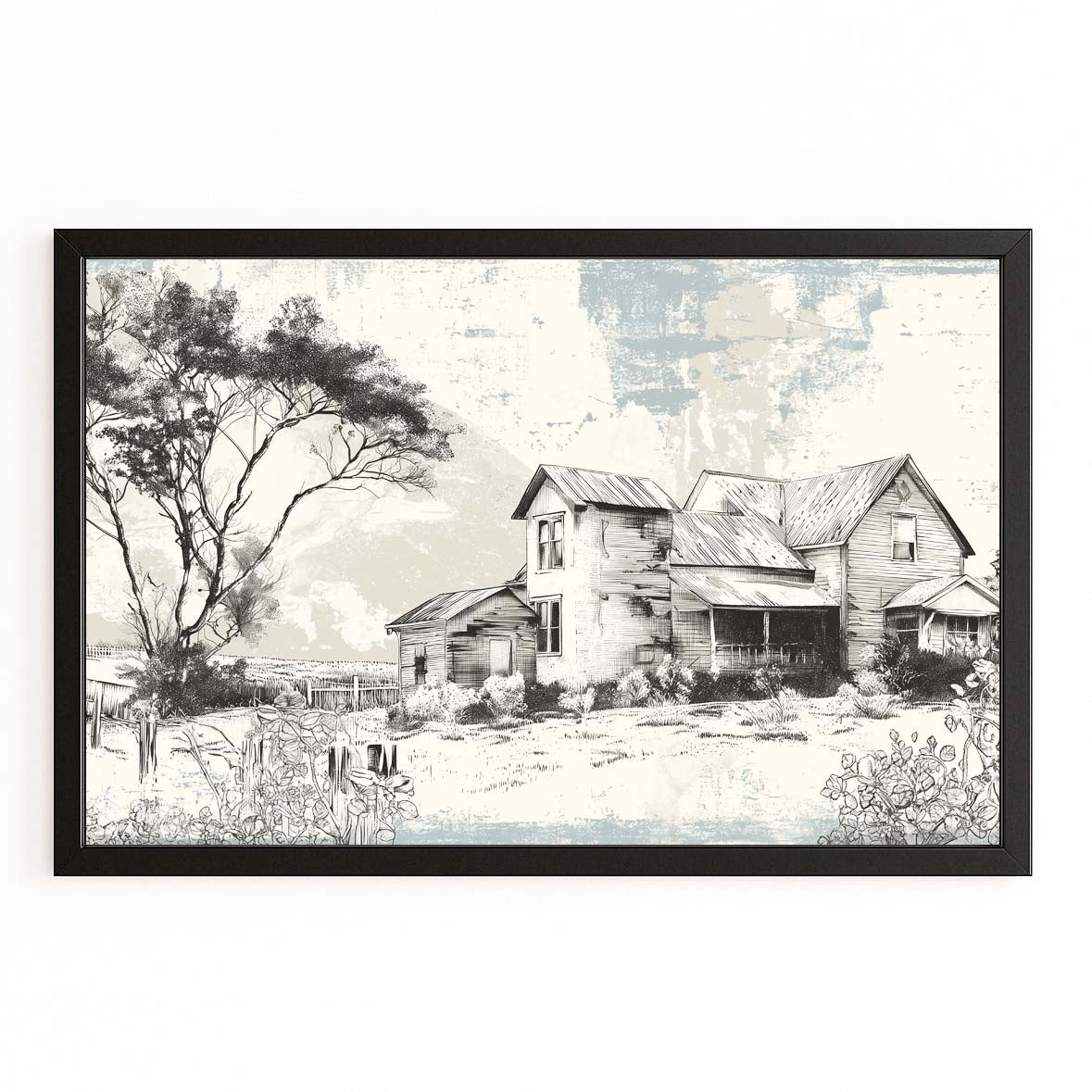 Vintage Sketch Farmhouse Farmhouse Art – with Premium Black frame on white background