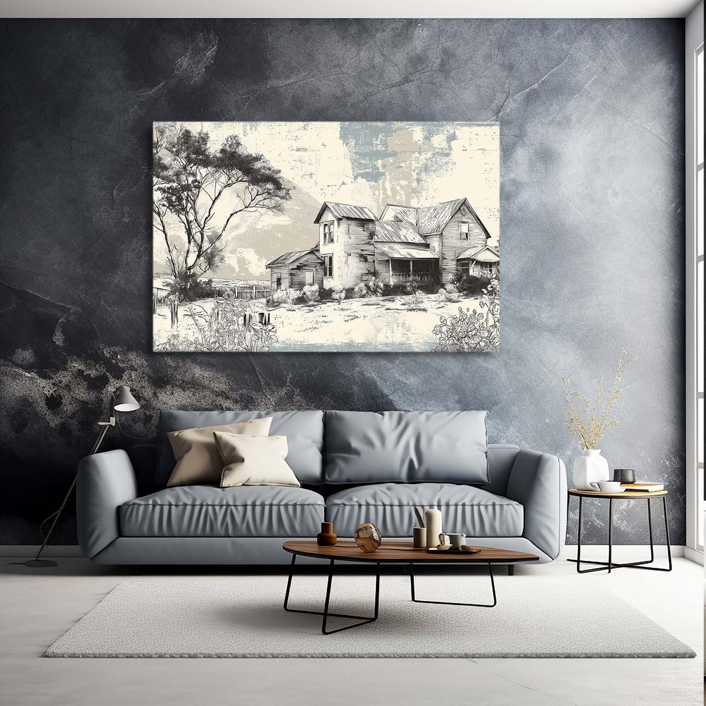 Vintage Sketch Farmhouse Farmhouse Art – styled in a furnished interior