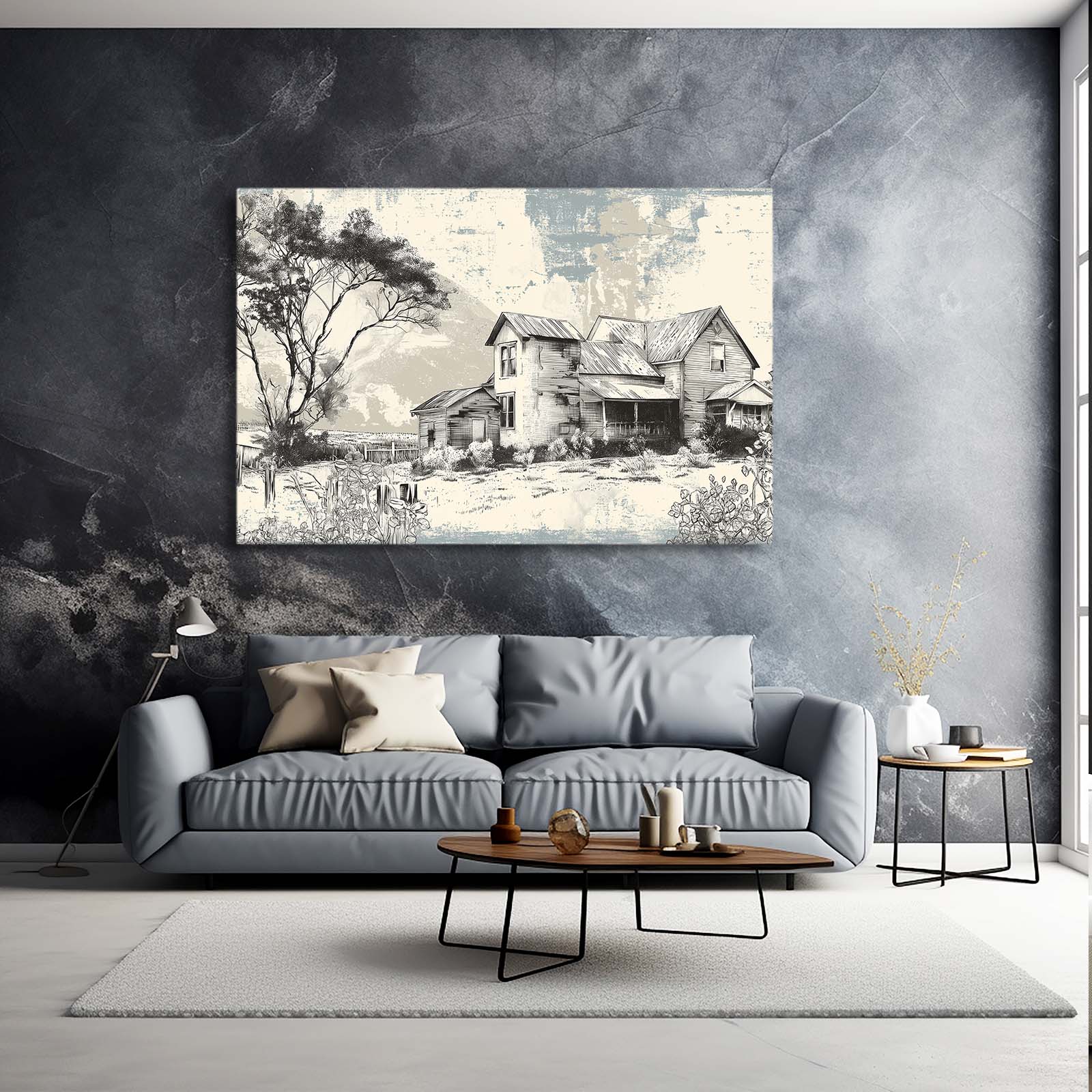 Vintage Sketch Farmhouse Farmhouse Art – styled in a furnished interior