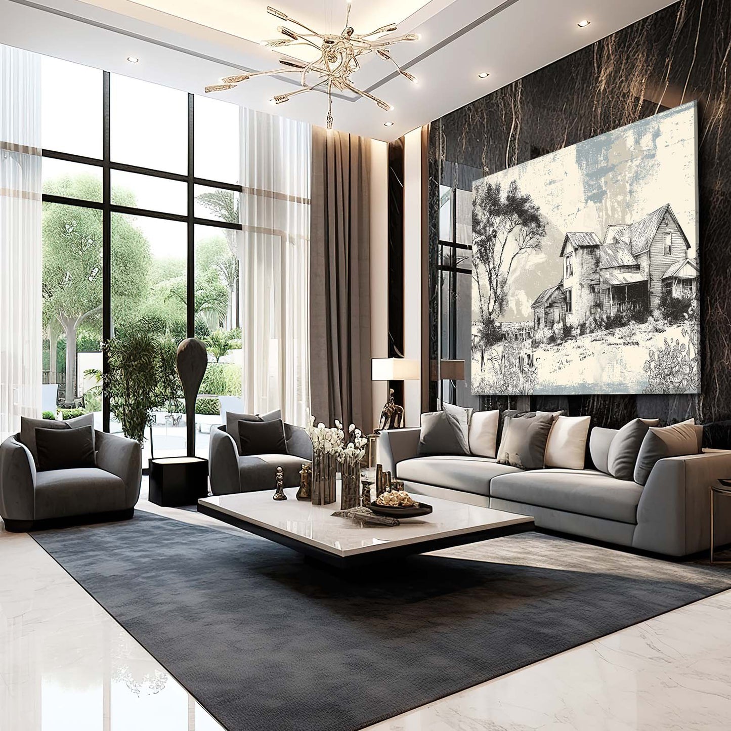 Vintage Sketch Farmhouse Farmhouse Art – styled in a furnished interior