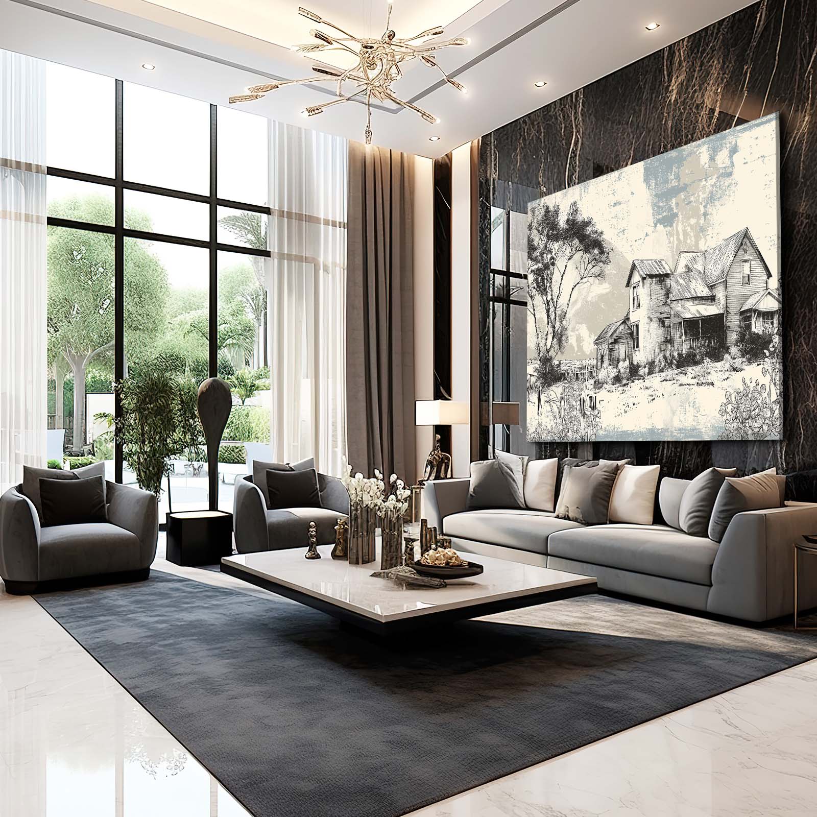 Vintage Sketch Farmhouse Farmhouse Art – styled in a furnished interior