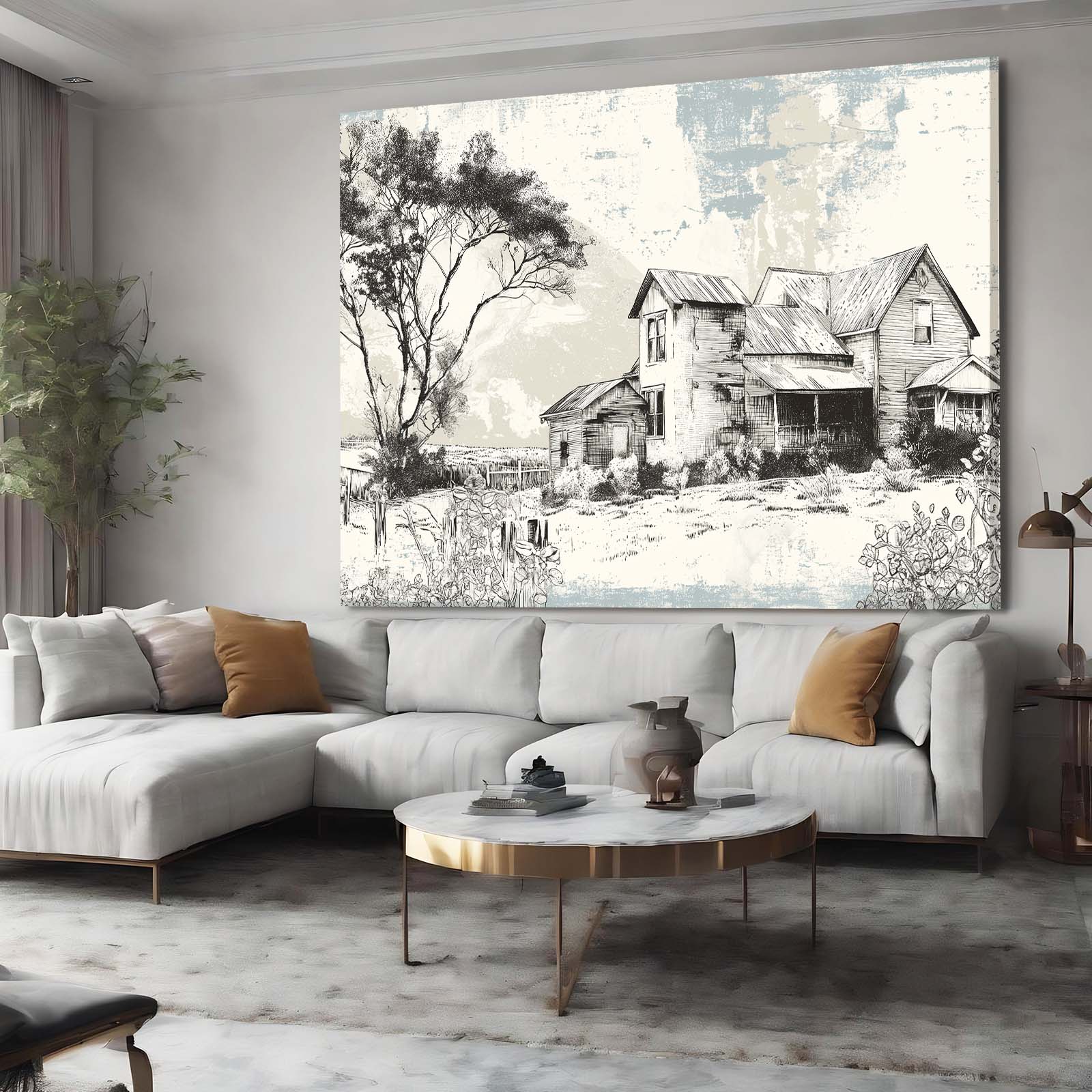Vintage Sketch Farmhouse Farmhouse Art – styled in a furnished interior