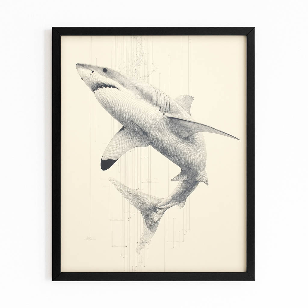 Vintage Sketch Study Shark Prints – with Premium Black frame on white background