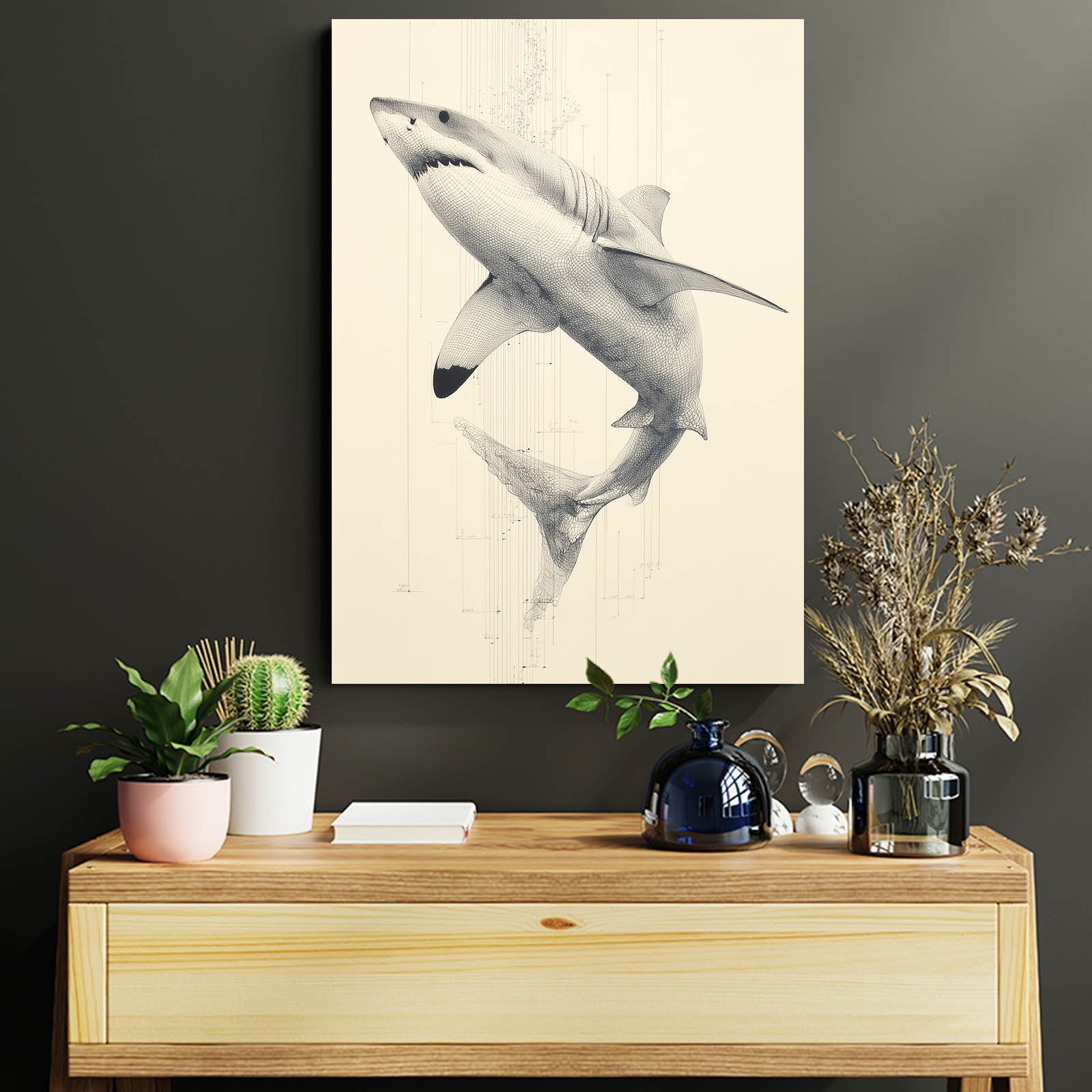 Vintage Sketch Study Shark Prints – styled in a furnished interior