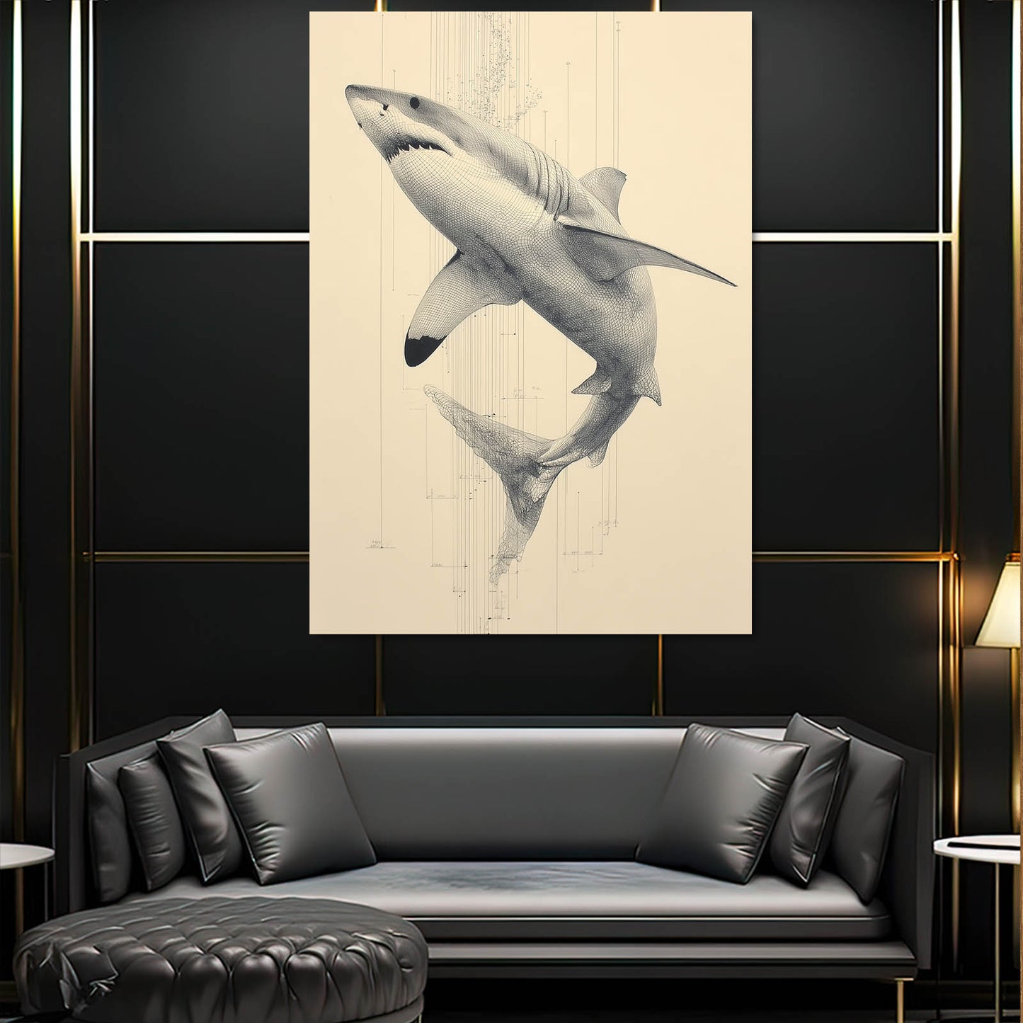 Vintage Sketch Study Shark Prints – styled in a furnished interior