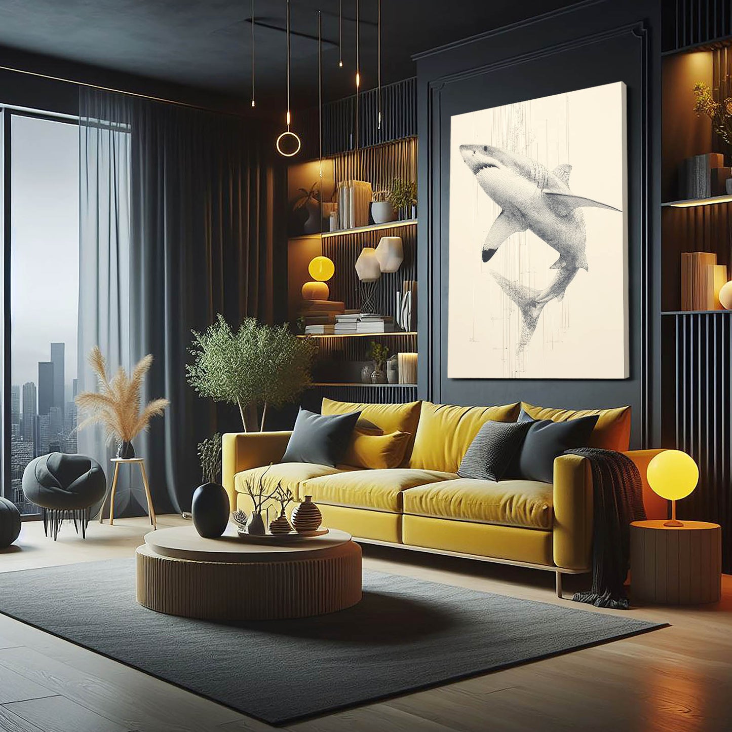 Vintage Sketch Study Shark Prints – styled in a furnished interior