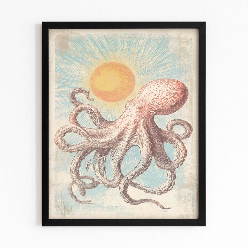 Vintage Sun Print Octopus Canvas – with Premium Black frame on white background