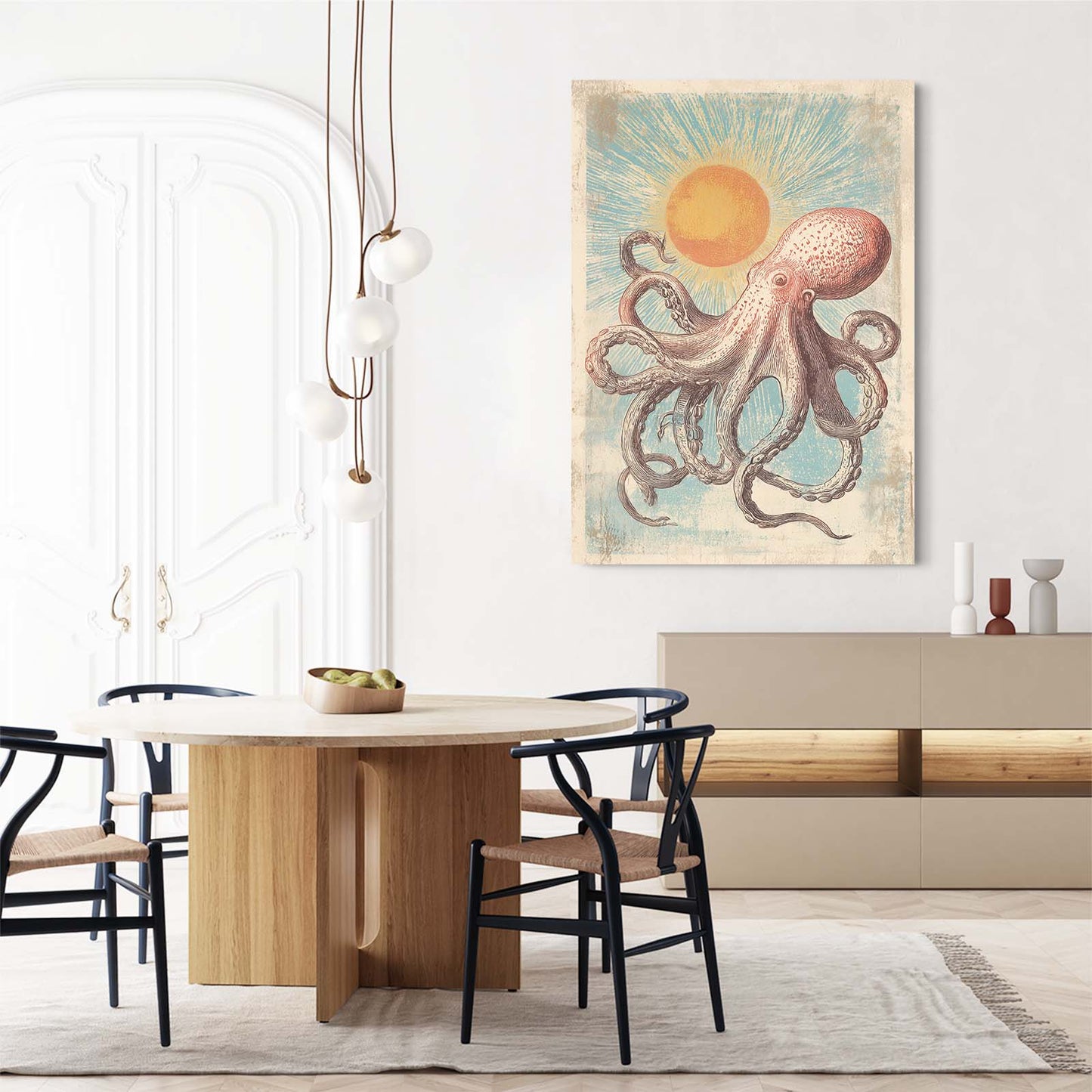 Vintage Sun Print Octopus Canvas – styled in a furnished interior