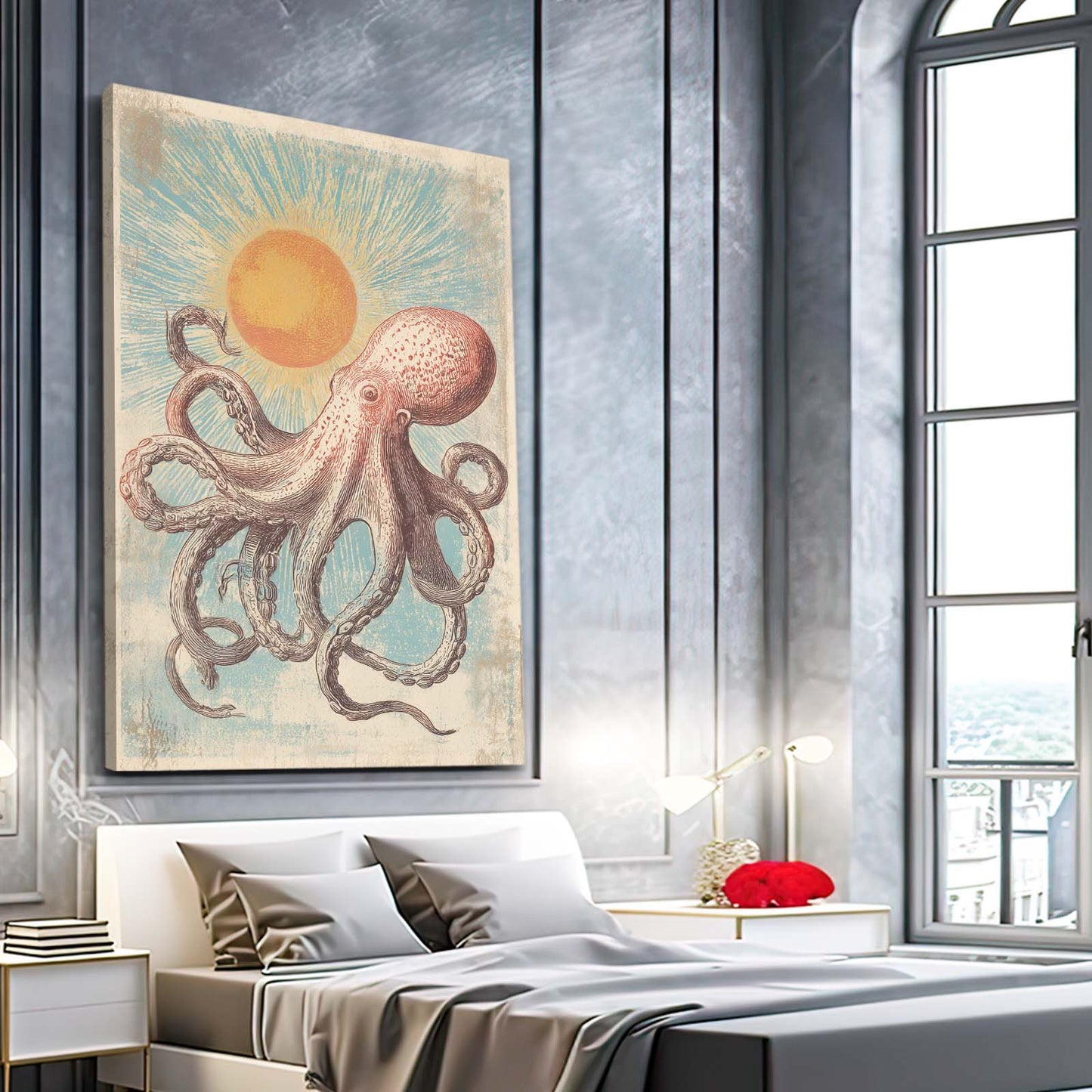 Vintage Sun Print Octopus Canvas – styled in a furnished interior