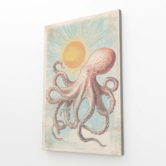 Vintage Sun Print Octopus Canvas – angled canvas view on white background