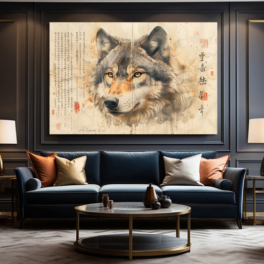 Vintage Wolf Art — japanese canvas print in orange tones, view 3