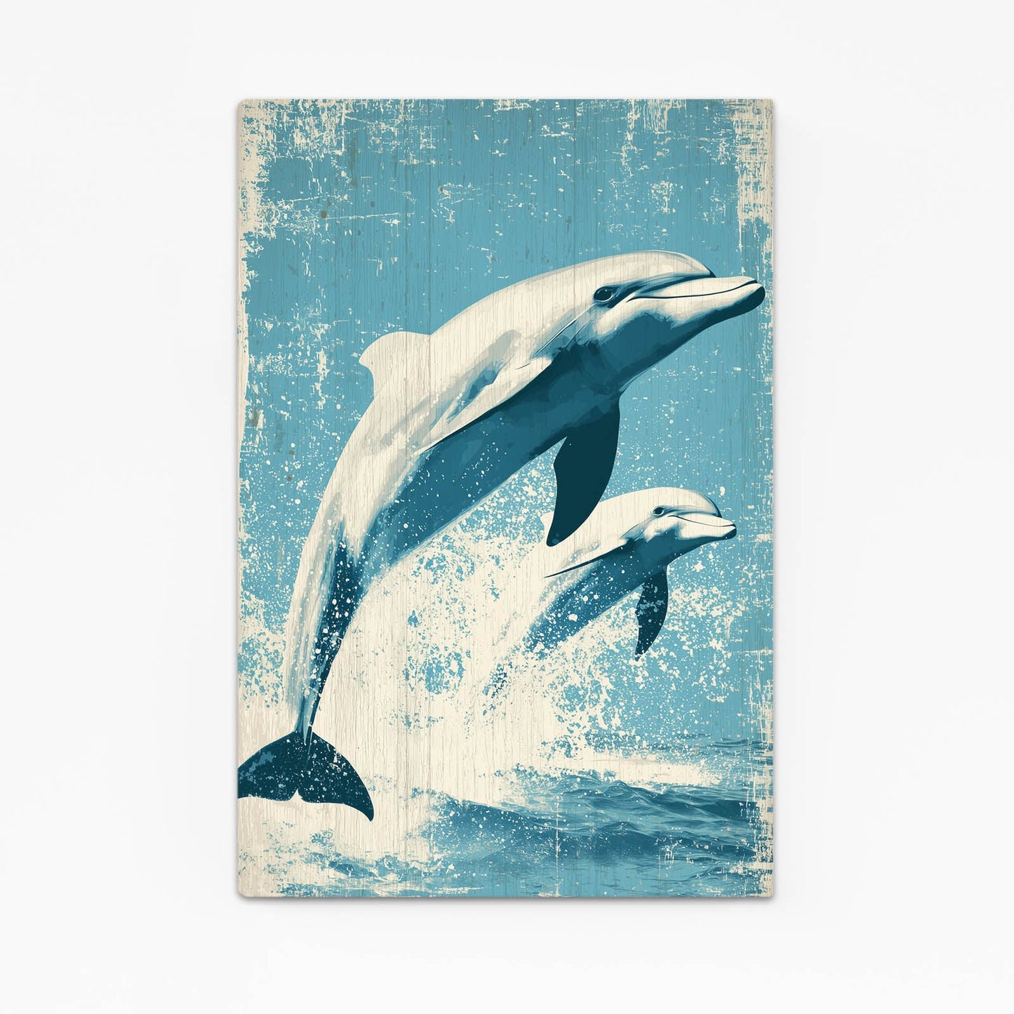 Vintage Woodcut Dolphin Print – two dolphins leaping in distressed vintage woodcut style, teal on cream