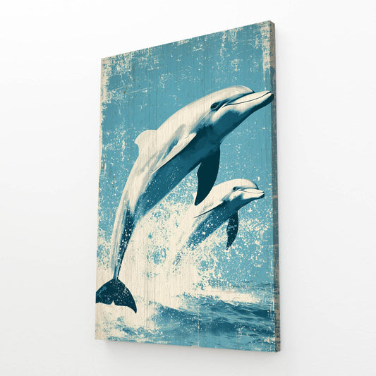 Vintage Woodcut Dolphin Print – angled canvas view on white background