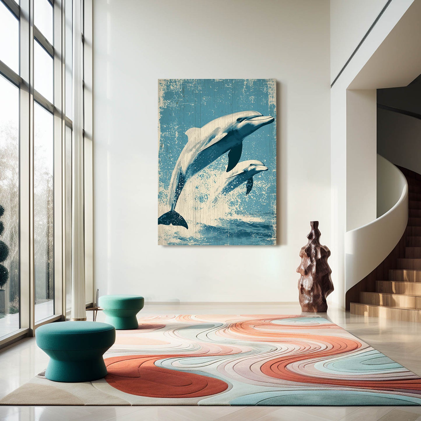 Vintage Woodcut Dolphin Print – styled in a furnished interior