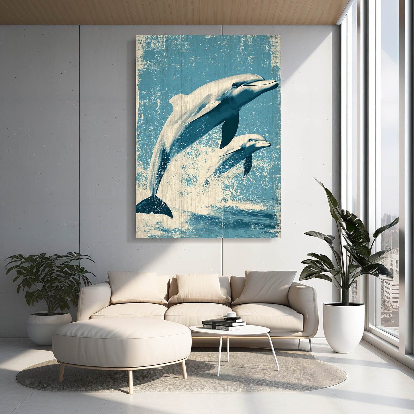 Vintage Woodcut Dolphin Print – styled in a furnished interior