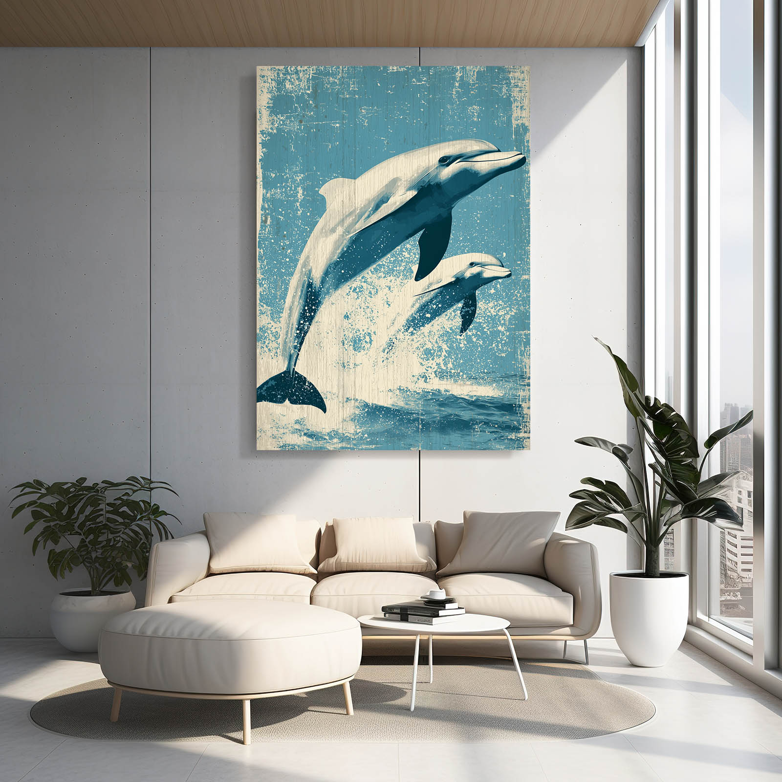 Vintage Woodcut Dolphin Print – styled in a furnished interior