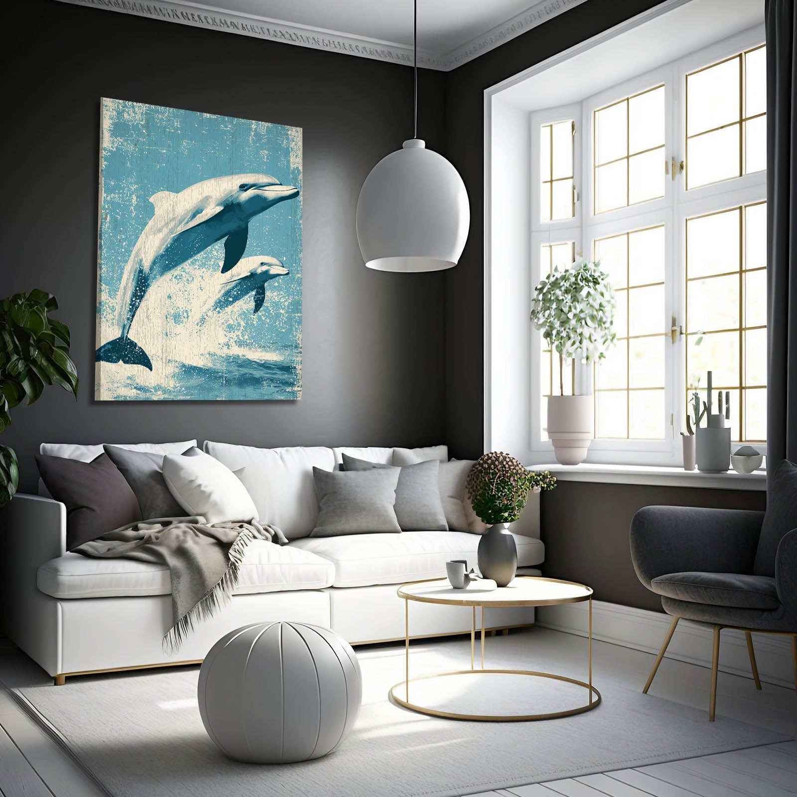 Vintage Woodcut Dolphin Print – styled in a furnished interior