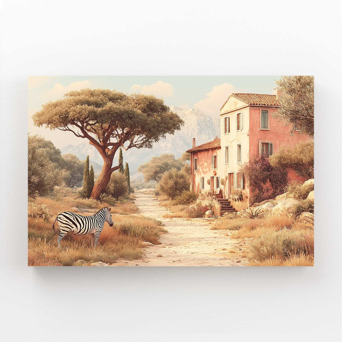 Vintage Zebra Wall Art — nature canvas print, angled canvas view on white background