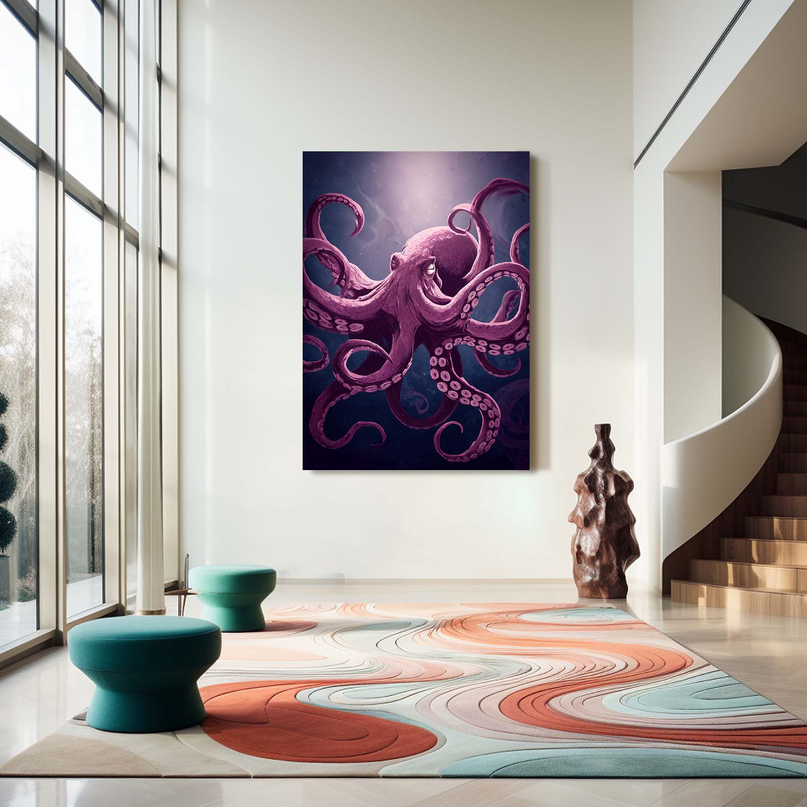 Violet Deep Drift Octopus Art – styled in a furnished interior