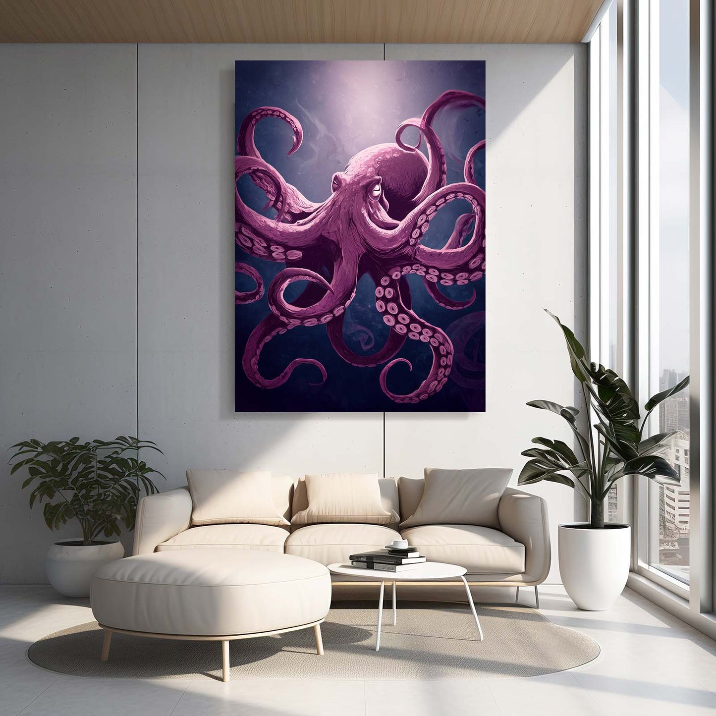 Violet Deep Drift Octopus Art – styled in a furnished interior