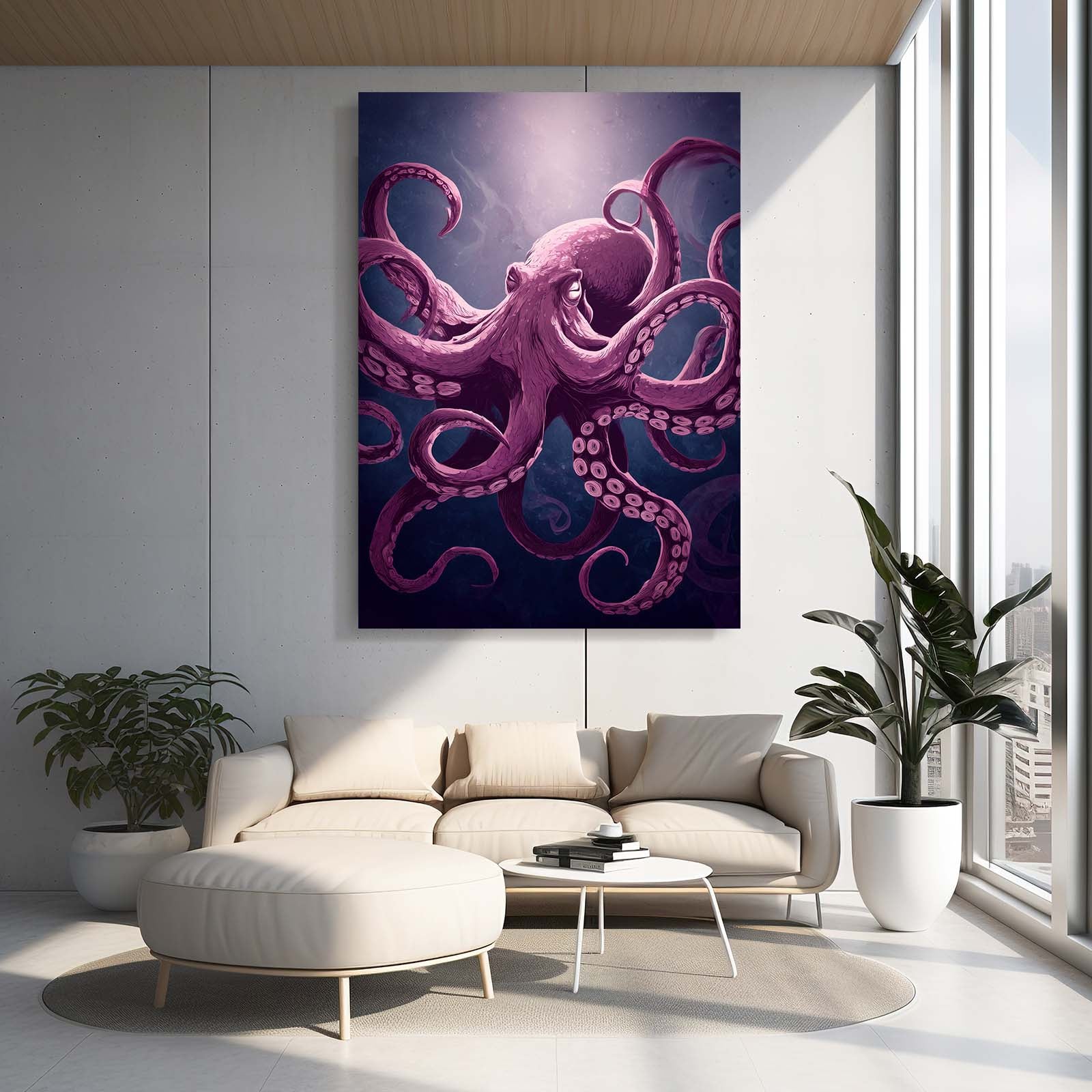 Violet Deep Drift Octopus Art – styled in a furnished interior