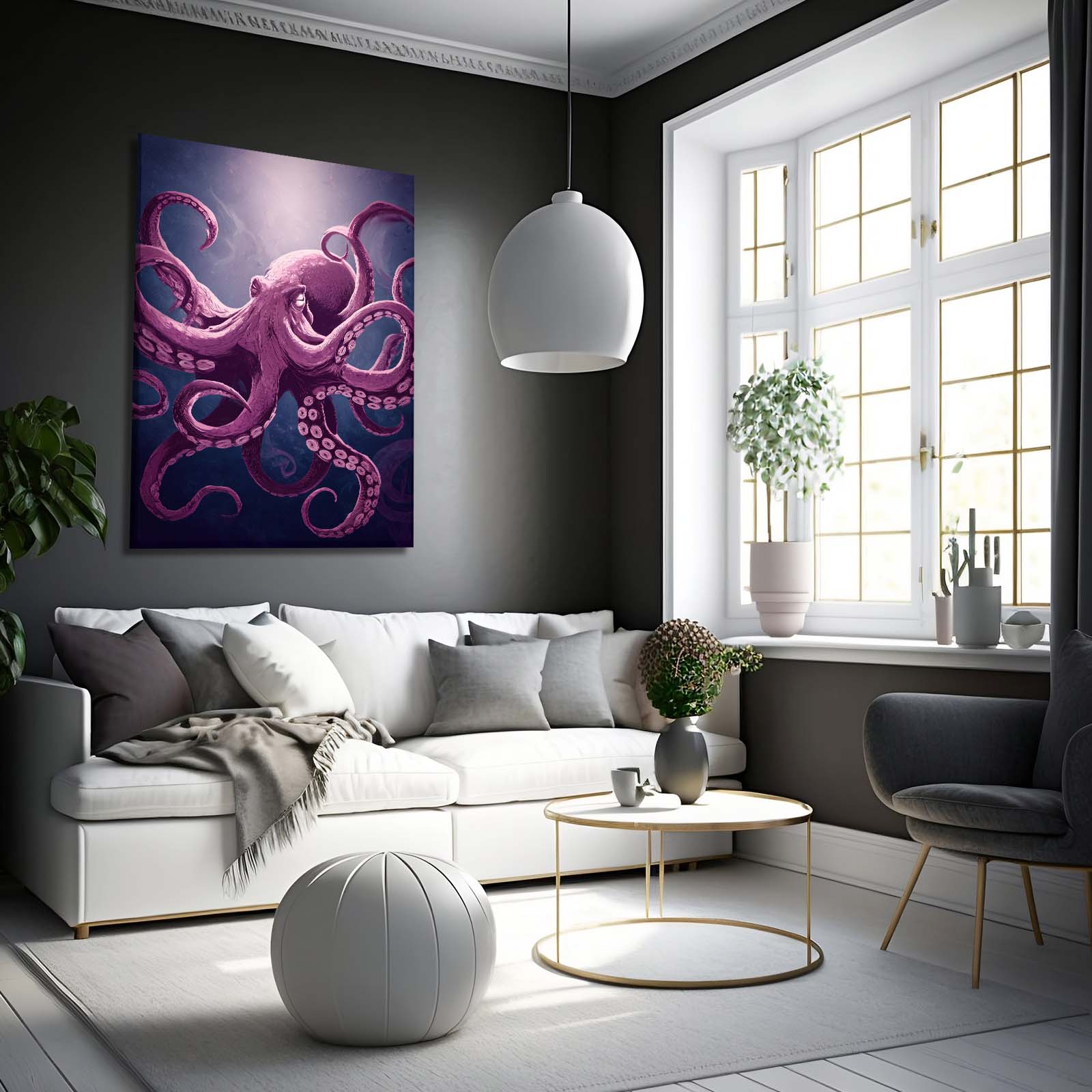 Violet Deep Drift Octopus Art – styled in a furnished interior