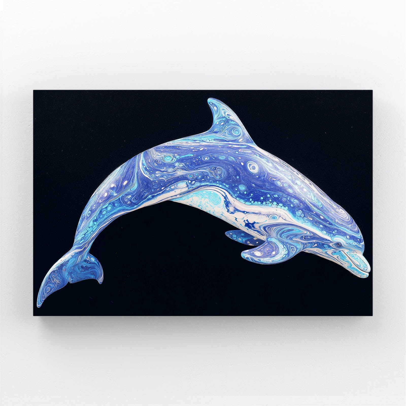 Violet Duet Dolphin Canvas – dolphin mother and calf leaping together in blue-violet tones on black