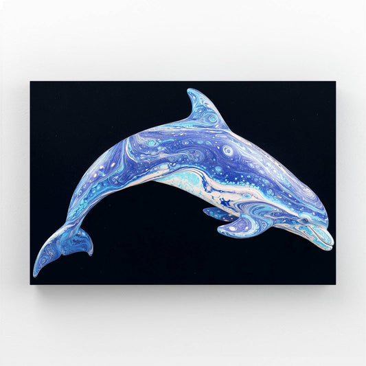 Violet Duet Dolphin Canvas – dolphin mother and calf leaping together in blue-violet tones on black