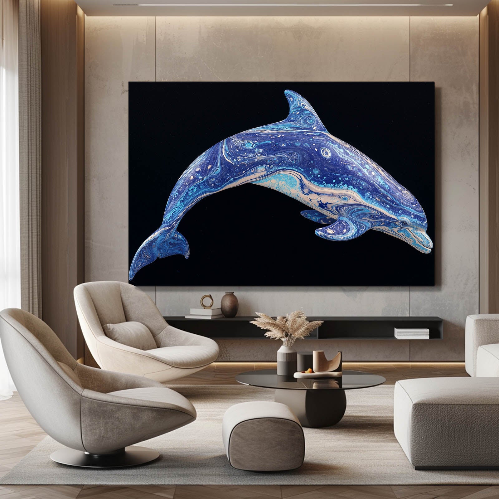 Violet Duet Dolphin Canvas – styled in a furnished interior