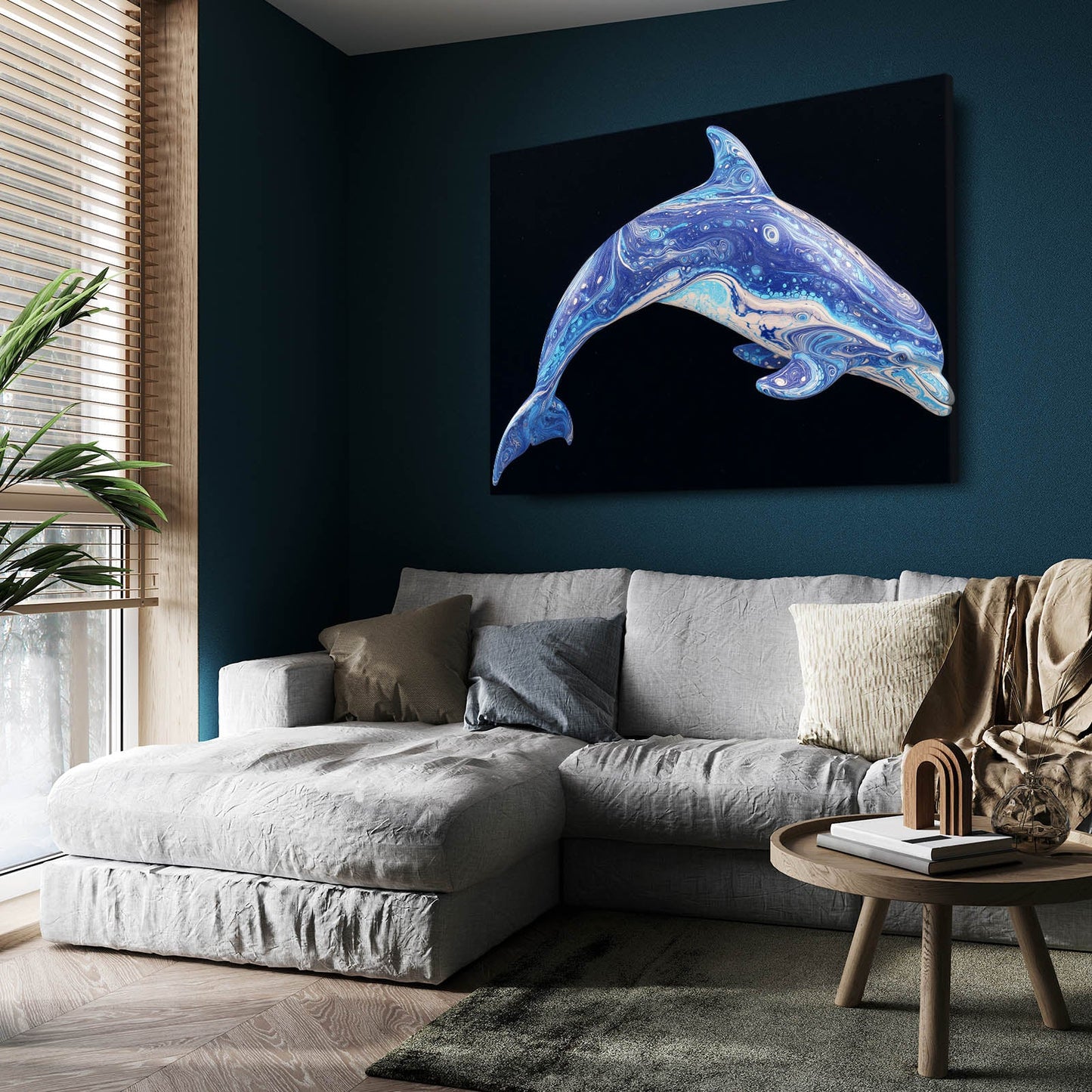 Violet Duet Dolphin Canvas – styled in a furnished interior