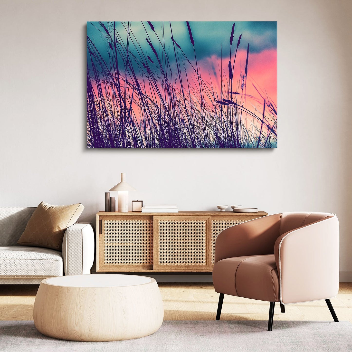 Violet Grass Photography Art Prints – above a rattan sideboard with armchair