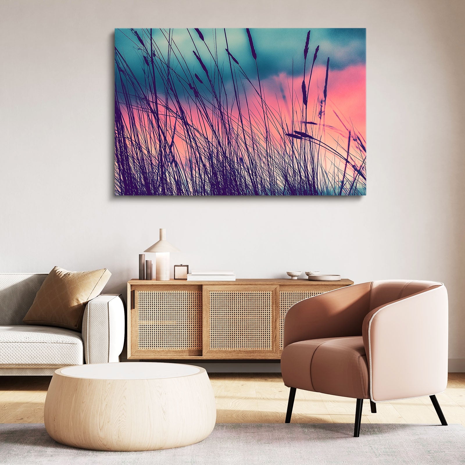 Violet Grass Photography Art Prints – above a rattan sideboard with armchair